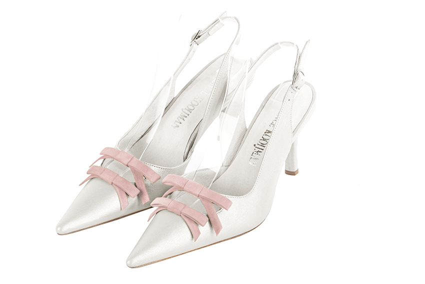 Women's pure white and powder pink elegant slingback heels, with a bow on the front. Pointed toe. High slim heel - Front view